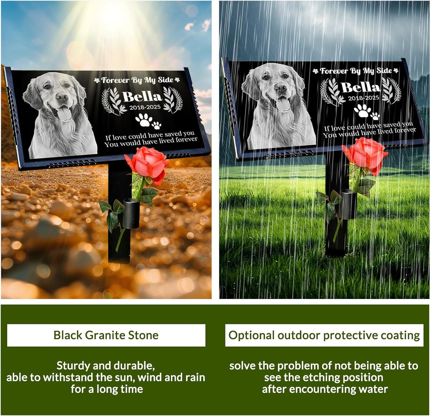 Personalized Pet Memorial Stone, Weatherproof Granite Dog Headstone - Custom Grave Marker for Dogs&Cats Engraved with Photo Name Date,Memorial Stones for Memory Garden