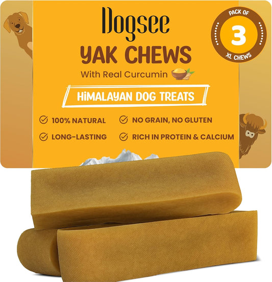 Dogsee Himalayan Yak Chews with Turmeric/Curcumin (XL - 3 Bars) | Yak Chews for Large Dogs | Dog Treats | Helps Joint Pain | Rawhide-Free