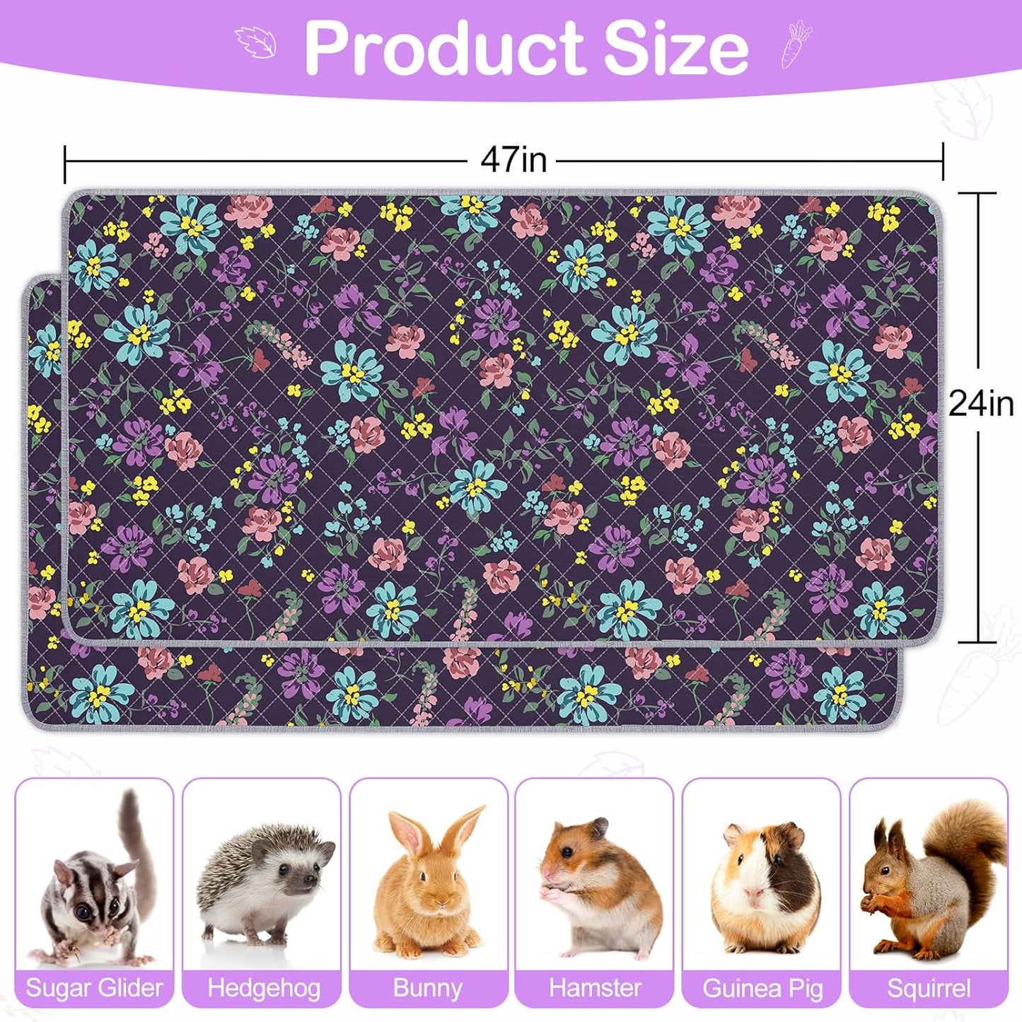 Bienbee Guinea Pig Bedding, 2 Pack 47" x 24" Reusable Guinea Pig Cage Liner Waterproof and Absorbent Small Animal Bedding Washable Pee Pads for Small Pet Hamster Rabbit Squirrel, Vintage Flowers