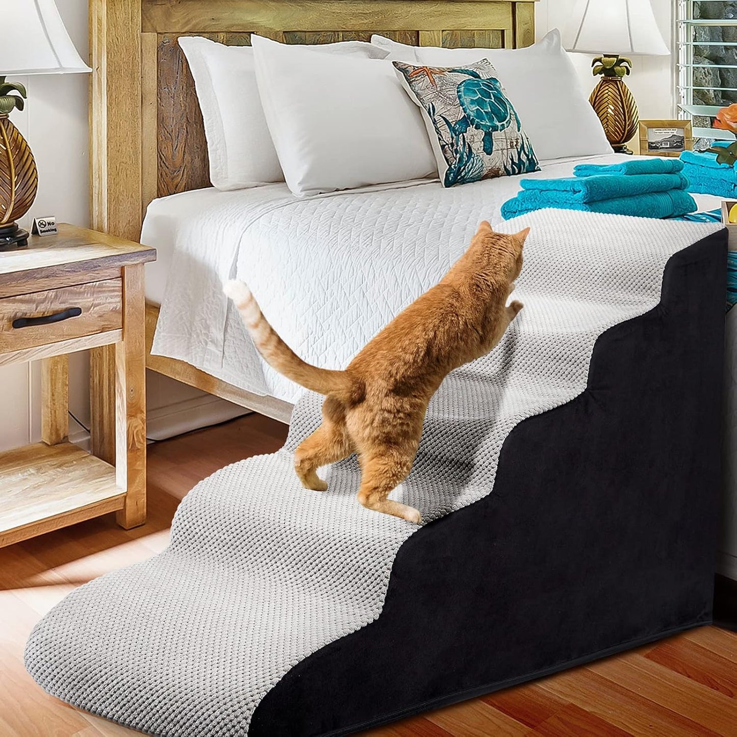 Dog Stairs&Steps for High Beds Up to 28'', 5-Step Dog Ramp for Small Medium Dogs with Washable Cover, Pet Steps for Cats to Get on Couch and Sofa, Durable Foam Ladders, 24.4" Tall, Grey