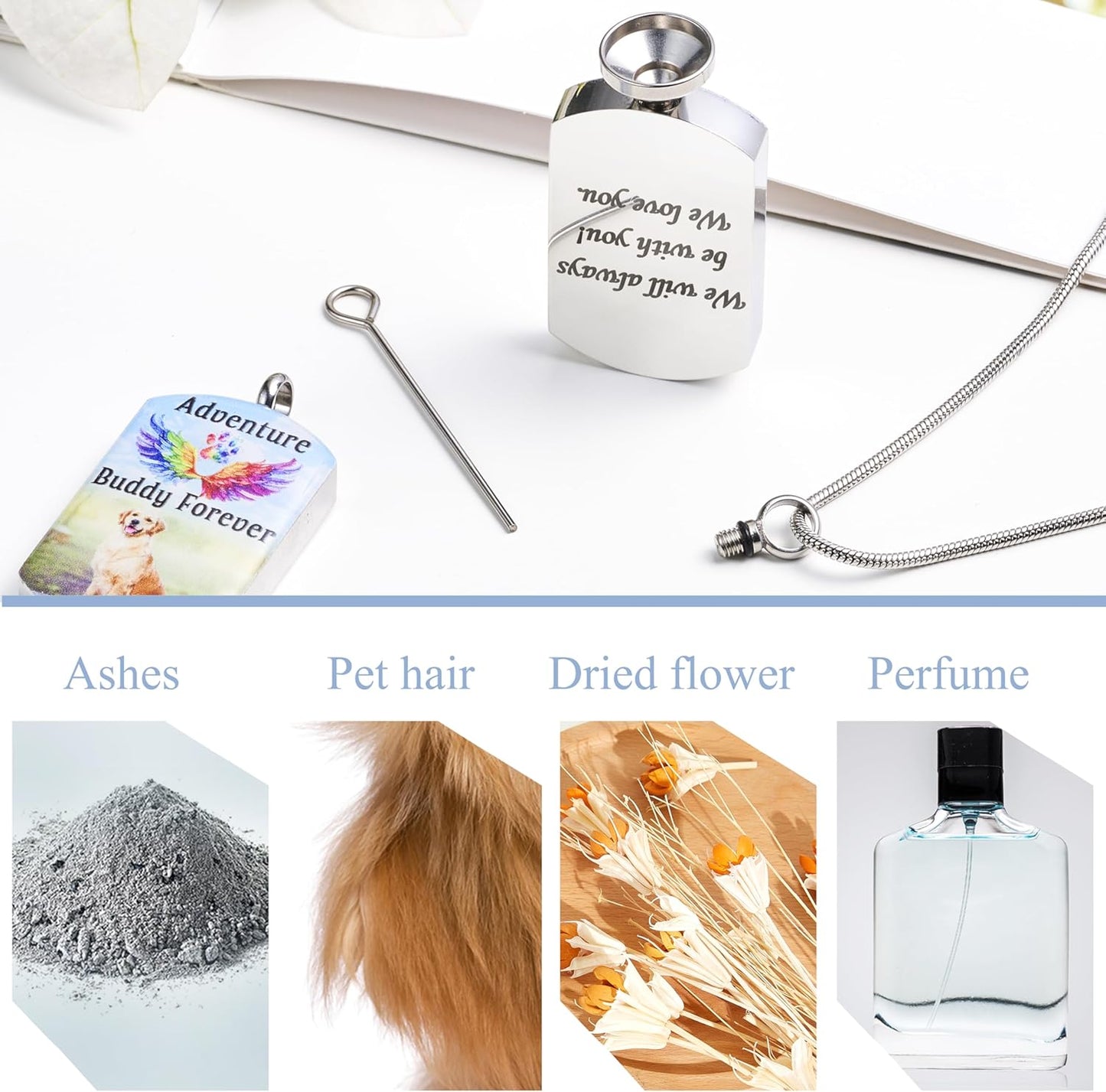 Fanery Sue Personalized Pet Ashes Necklace for Dog Cat Custom Photo&Text Pet Loss Sympathy Gift Cremation Jewelry