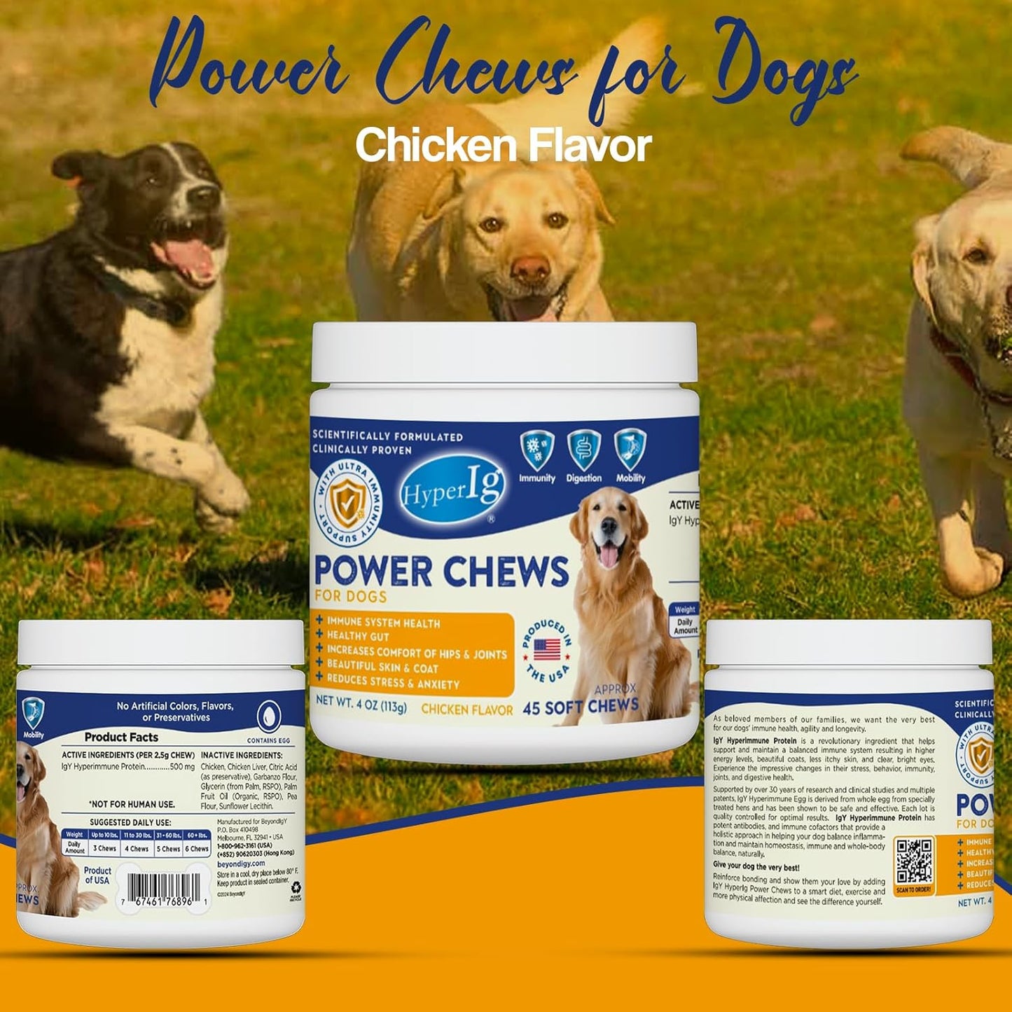 Dog Power Chews, 45 Soft Chews - Immune & Joint Support, Stress Relief, Anxiety, Skin & Coat Health, IgY Hyperimmune Protein Supplement for Mobility, Calming & Coat Health | Chicken Flavor - (113g)
