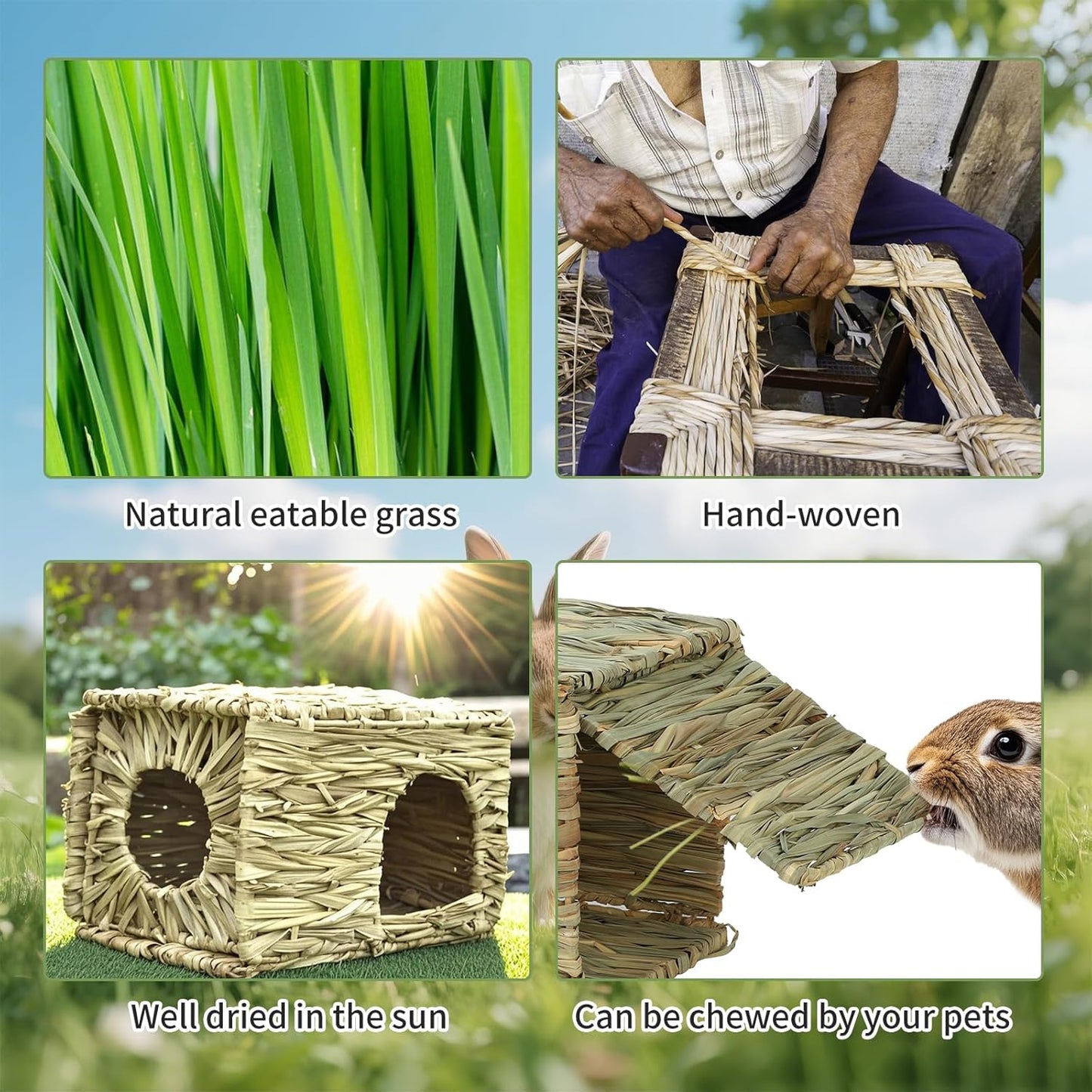 BWOGUE 2 Pack Grass Bunny House Natural Hand Woven Seagrass Hideaway Toy Hay Mat Chew Hut for Bunny Hamster Chinchilla Guinea Pigs Small Animals
