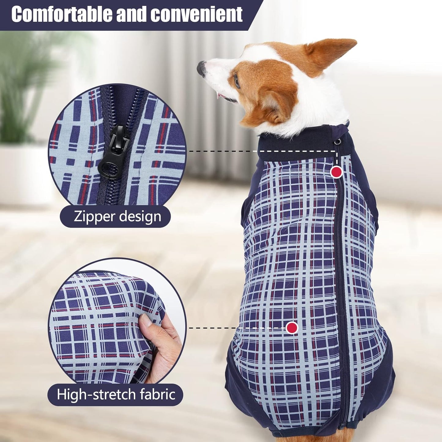Dog Recovery Suit, Abdominal Wound After Surgery Wear, Anti Licking Bodysuit with Zipper, E-Collar & Cone Alternatives, Plaid Dog Spay Surgical Shirt Prevent Shedding(Large, Blue)