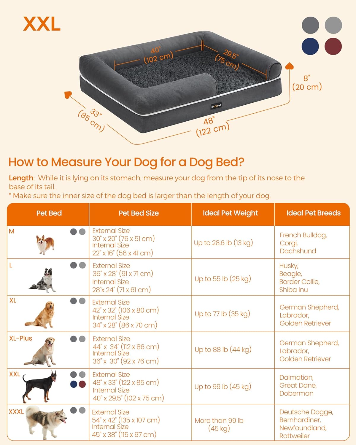 Feandrea Orthopedic Dog Bed Sofa, Memory Foam Dog Mat, Removable Cover, Waterproof, Machine Washable, Anti-Slip, Raised Edges, 48x33x7.9 Inches, Light Grey UPGW078G01V1