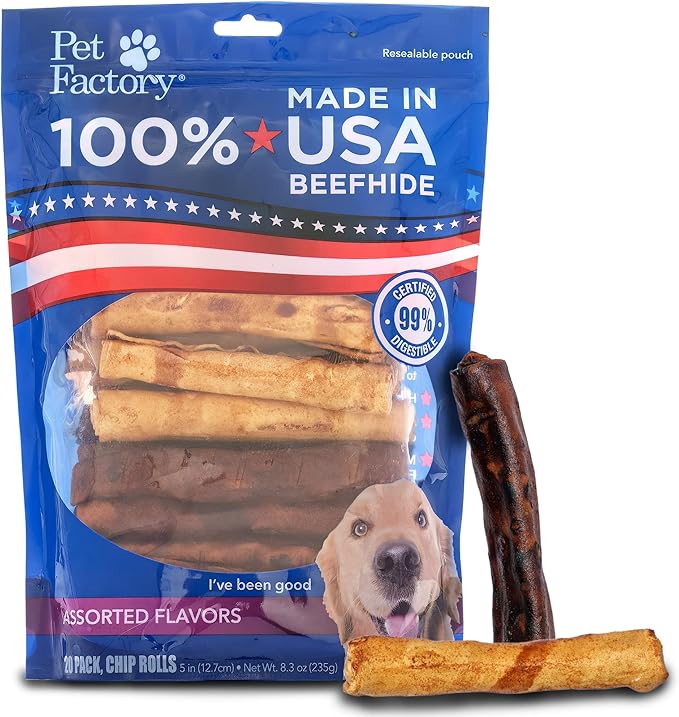 Pet Factory 100% Made in USA Beefhide 5" Chip Rolls Dog Chew Treats - Beef & Chicken Flavor, 20 Count/1 Pack