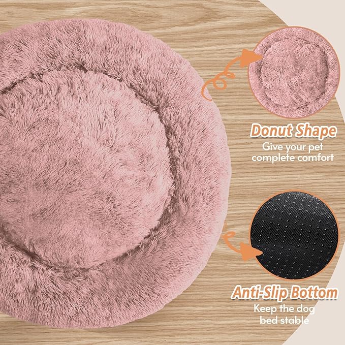 JOLLYVOGUE Calming Dog & Cat Bed for Small Dogs, Anti-Anxiety Donut Cuddler Cozy Soft Round Bed with Anti-Slip Bottom, Fluffy Faux Fur Plush Cushion Beds for Small Medium Pets (23")