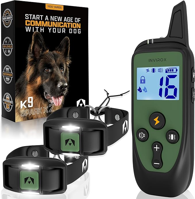 INVIROX Training Collar for Large Dog X2 [Spark K9] 124 Levels with Remote 1100yd Range, Night-Light Mode for Medium Dogs IP67 Waterproof Training Collar for Dogs