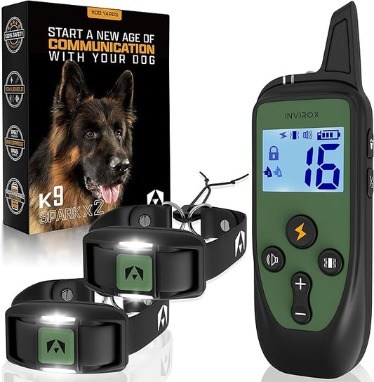 INVIROX Training Collar for Large Dog X2 [Spark K9] 124 Levels with Remote 1100yd Range, Night-Light Mode for Medium Dogs IP67 Waterproof Training Collar for Dogs