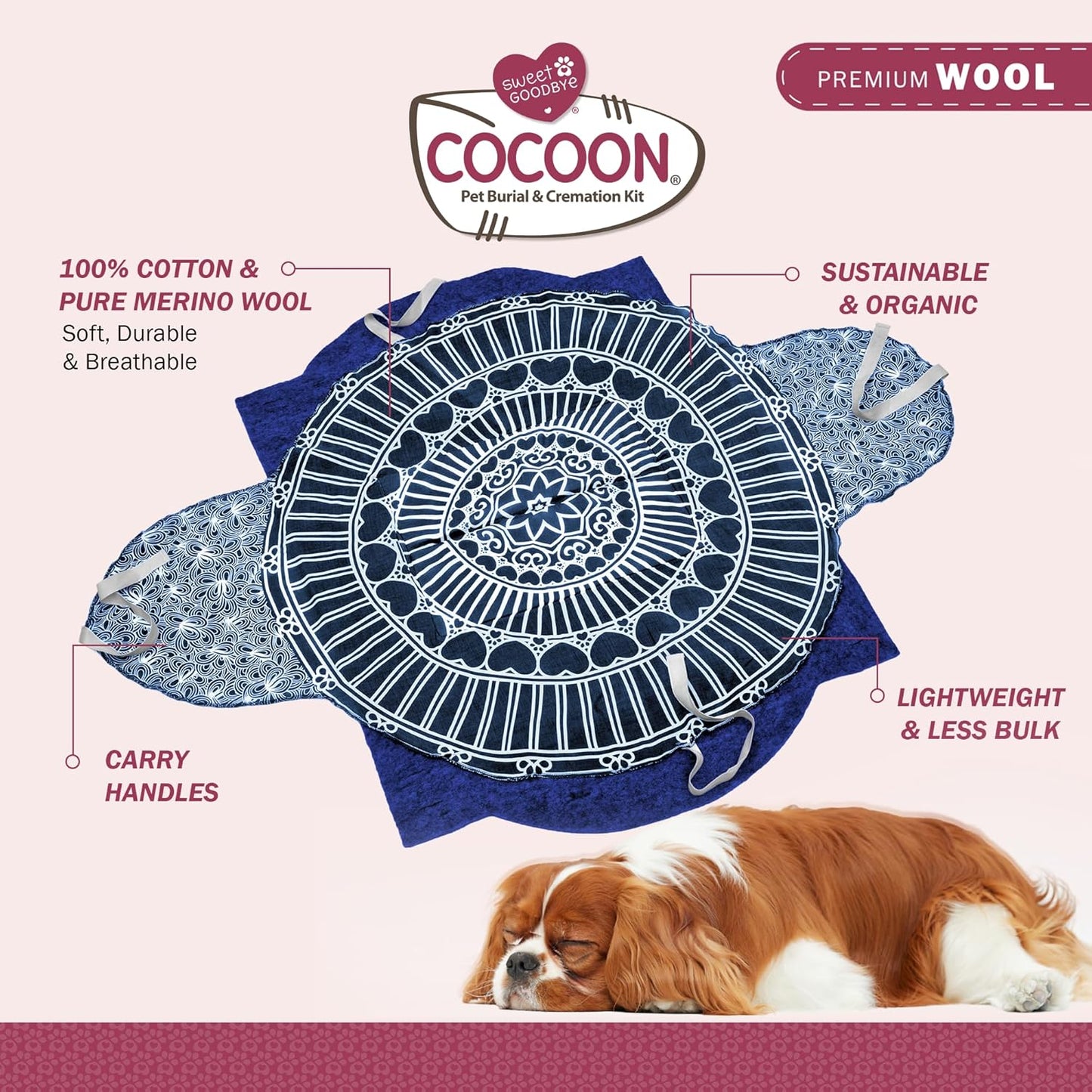 Cocoon® - Eco-Friendly Pet Burial & Cremation Ceremony Kit (Premium Wool) - Casket for Dogs and Cats – Size for Every Breed (Choose Size & Color) (Medium, Indigo)