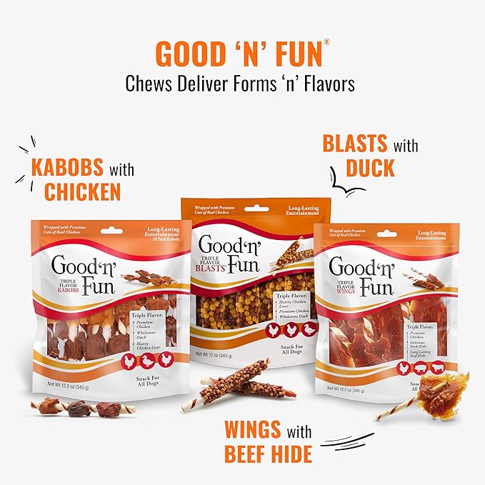 Good ‘n’ Fun Triple Flavor Rolls for Large Dogs, Treat Your Dog to Long-Lasting Chews Made with Beef Hide, Chicken and Artificial Pork Flavor, 6 Count