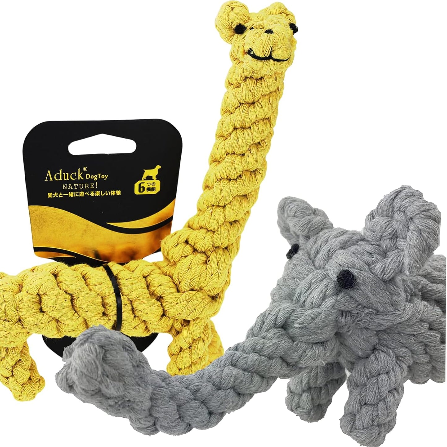 ADUCK Puppy Dog Rope Toy for Teeth Cleaning, Chew-Proof Dental Care & Interactive Training Reward | Durable Cotton Gray Elephant & Yellow Giraffe for Small & Medium Dogs