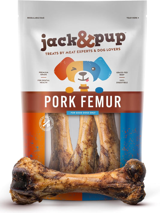 Jack&Pup 8" Pork Femur Bones for Dogs, Big Bones for Large Dogs, Gourmet Ham Beef Bones for Agressive Chewers, 4 Pack