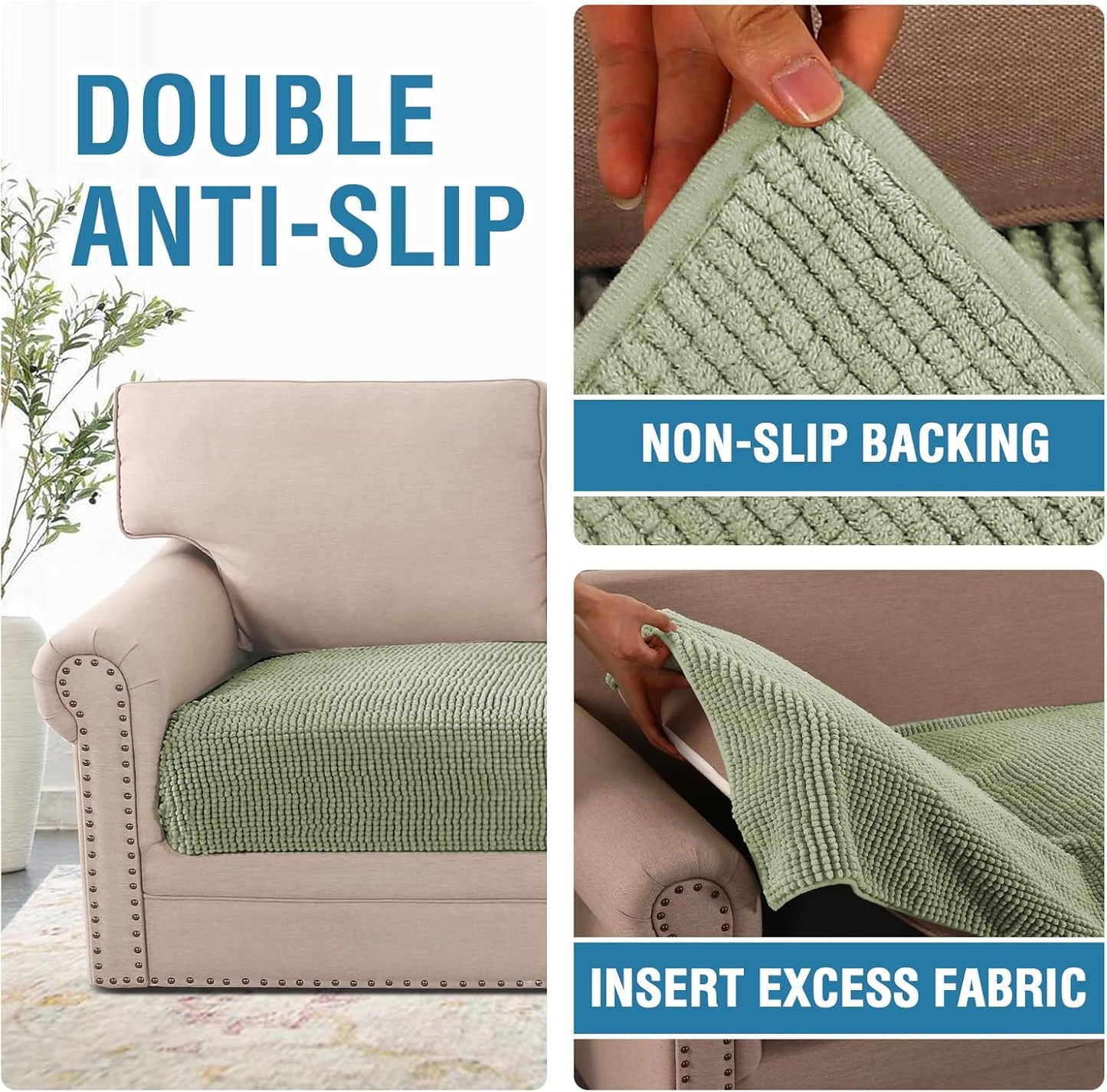 H.VERSAILTEX Plush Chenille Dog Bed Cover Thick Soft Sofa Cover for 3 Cushion Couch Anti Slip Couch Cover Furniture Protector for Dog, Pet, Cat (35" x 74", Sage)