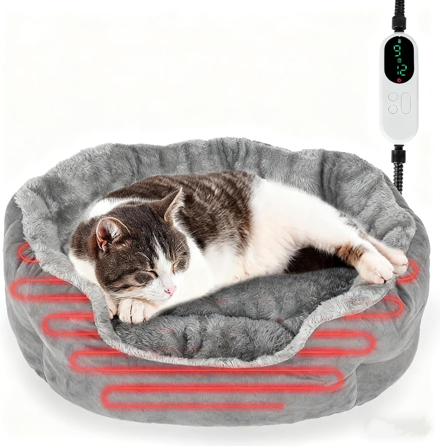 Heated Cat Bed for Indoor Cats, Adjustable Temperature Thermo Round Cat Bed with Timer, Self Warming Cat Bed Donut with Heating Pad, Washable Electric Heating Pet Bed for Kitty and Small Dogs