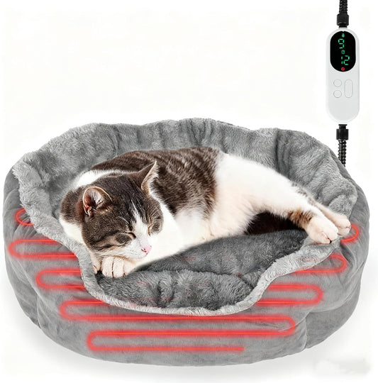 Heated Cat Bed for Indoor Cats, Adjustable Temperature Thermo Round Cat Bed with Timer, Self Warming Cat Bed Donut with Heating Pad, Washable Electric Heating Pet Bed for Kitty and Small Dogs