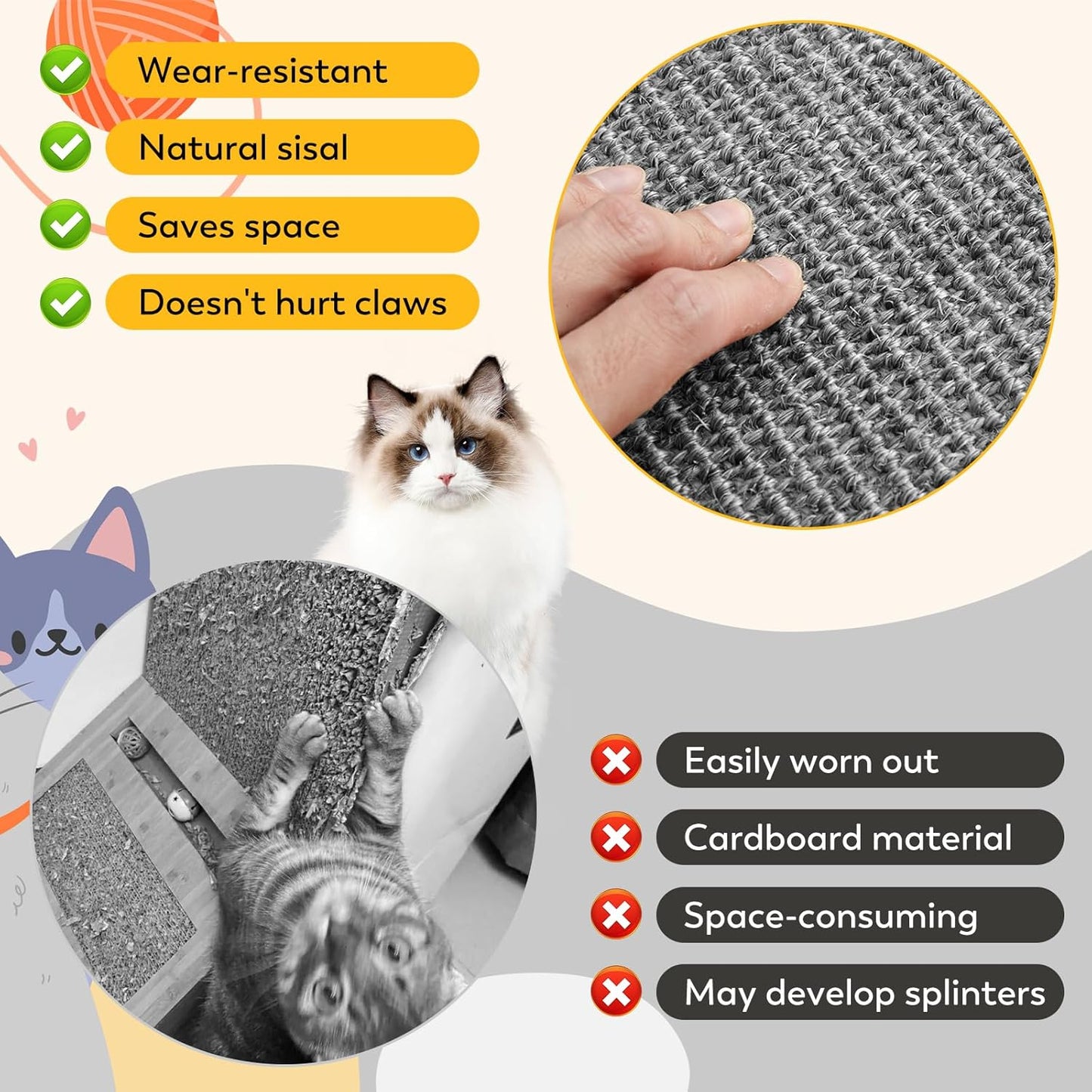 Cat Scratcher Mat with Sticky Tapes, 23.6" x 15.7" Sisal Cat Scratching Carpet for Indoor Cats, Stick on Floor and Wall Cat Scratch Pad Rug(Gray)