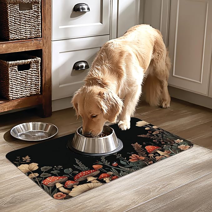 Vintage Mushroom Flower Pet Cat Dog Food Mat-Absorbent Quick Dry Feeding Placemat for Water and Food, No Stains Rubber Base Mat for Indoor Use, Pet Accessories 12"x20"