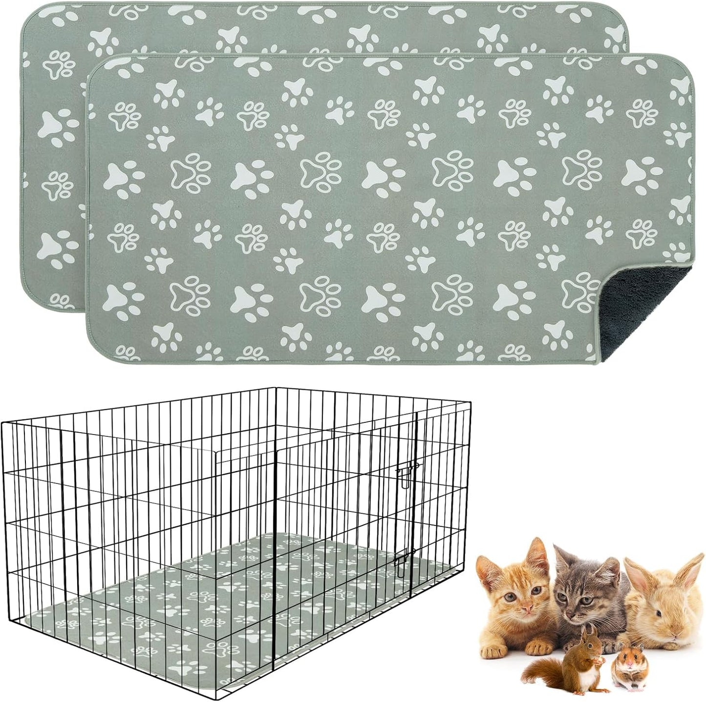 BEAUTYZOO 2 Pack Guinea Pig Cage Liners, Washable Reversible Fleece Guinea Pig Bedding, Waterproof Super Absorbent Pee Pads for Small Animals Rabbit Hamster Bunny - 16"x24" Grey