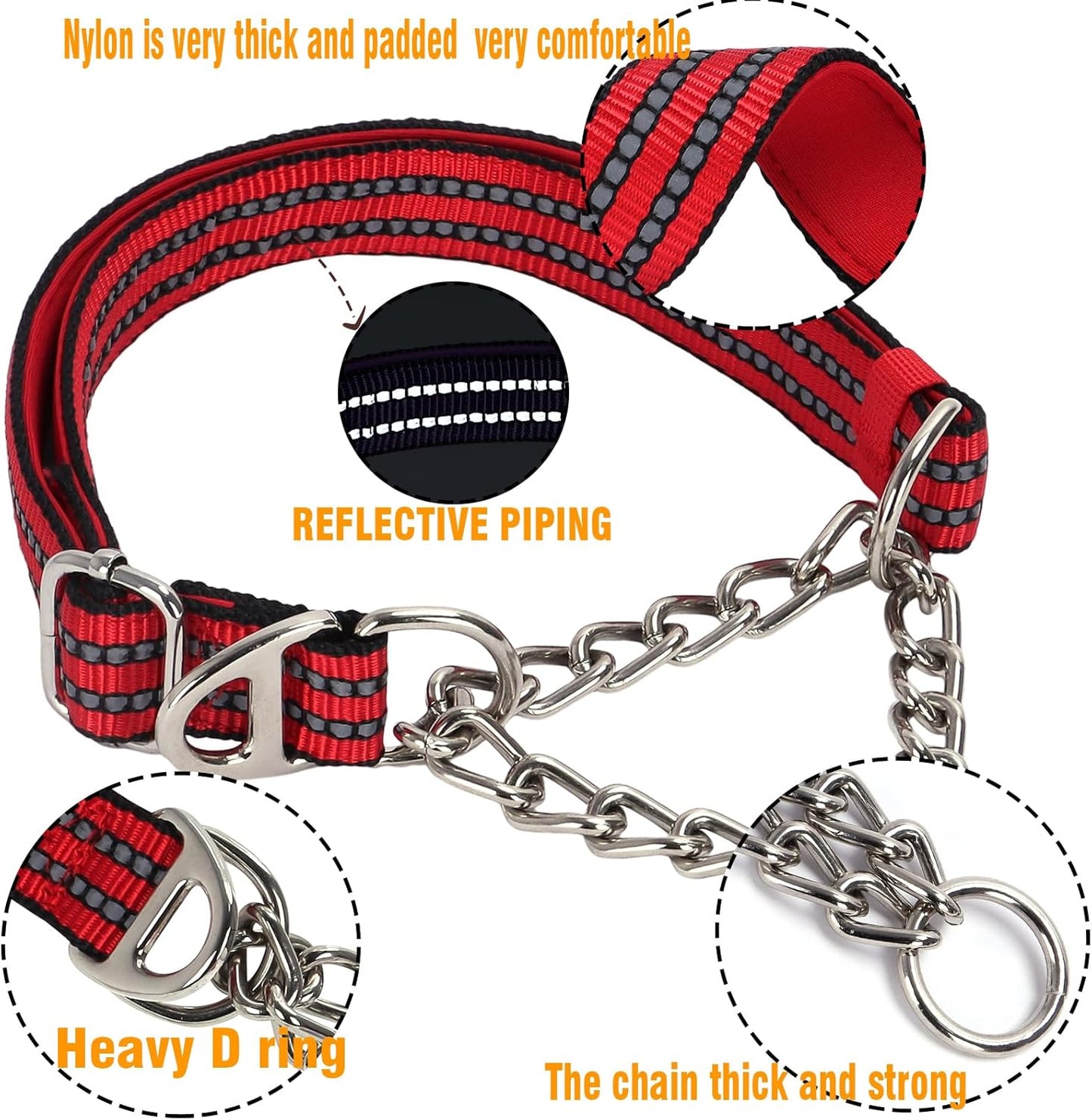 Martingale Dog Collar for Training,Adjustable No Pull Reflective Collar with Chain for XXL Dogs Secure/Comfortable Walking Collar for Night Safety（Red XXL）