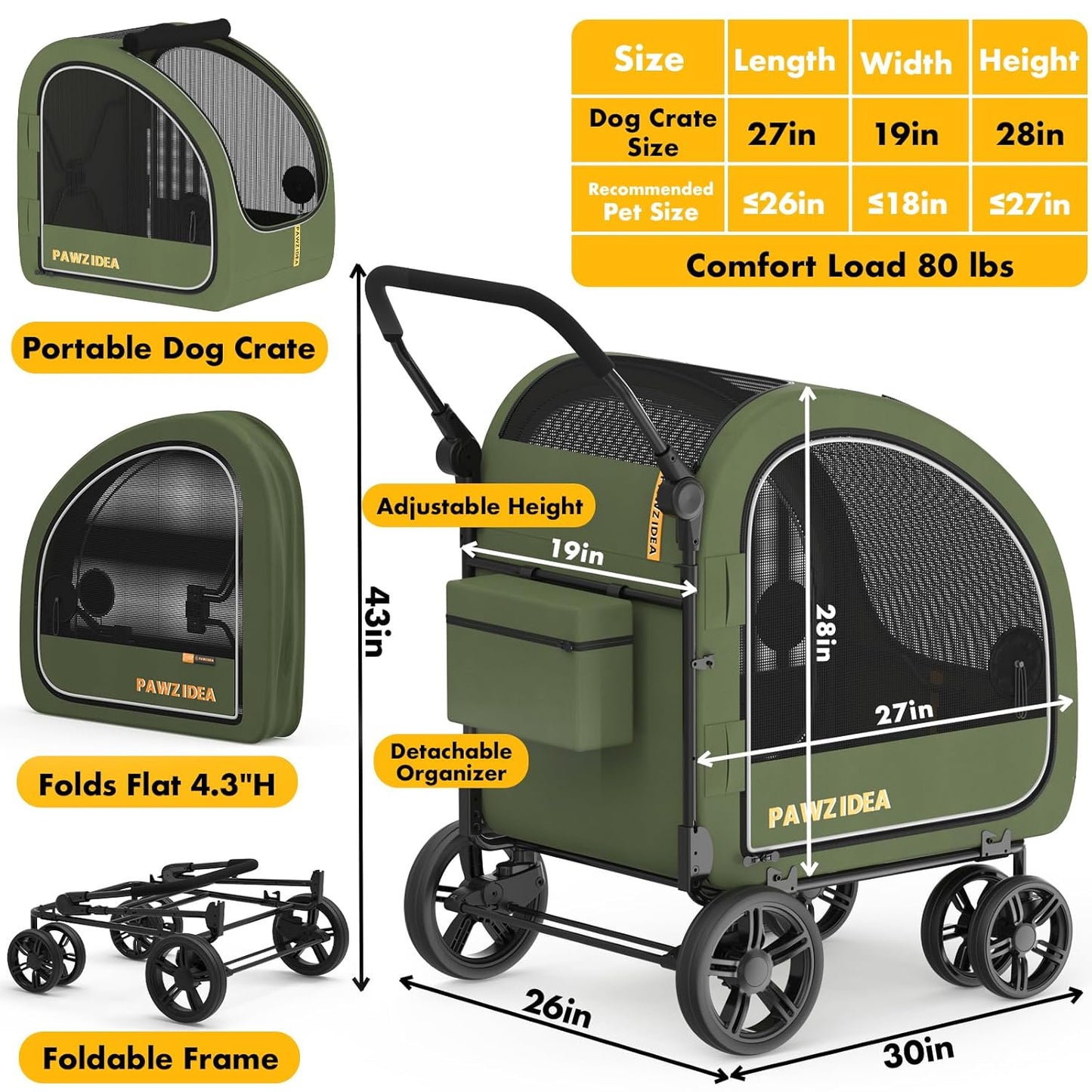 PAWZIDEA Large Dog Stroller with Detachable Carrier, Portable Dog Crate for Car Travel, Multiple Pet Strollers for Medium Dogs up to 80lbs, Adjustable Handle, All-Terrain 9” Wheels, Storage Organizer