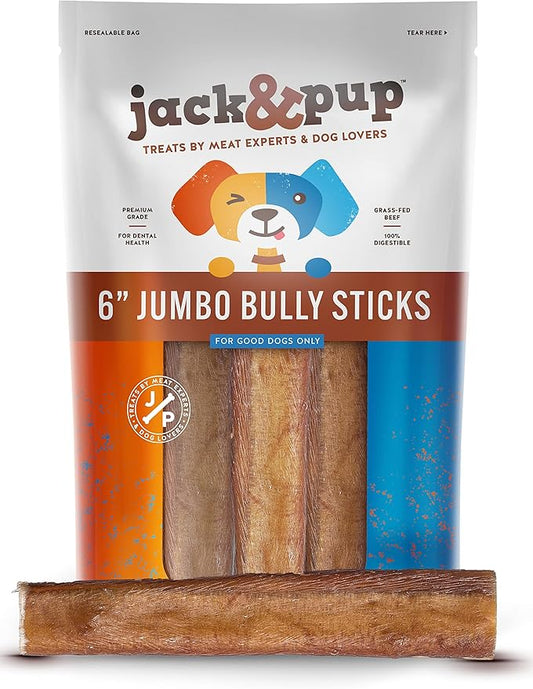 Jack&Pup 6-inch Pizzle Sticks for Dogs (3 Pack) All Natural Jumbo Bully Sticks | Single Ingredient, Long Lasting Bully Sticks for Medium Dogs