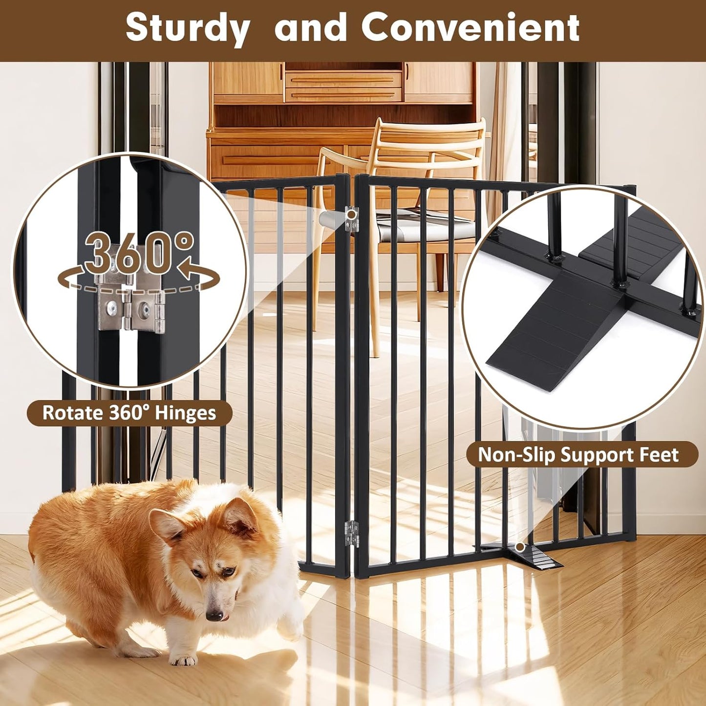 52" Dog Gate Extra Wide, Heavy Duty Metal Freestanding Dog Gate with Door for Indoor & Outdoor, Foldable Pet Fence for Stairs, Doorways,House,Porch,Deck,Yard, Auto Close(2 Panels,Black)