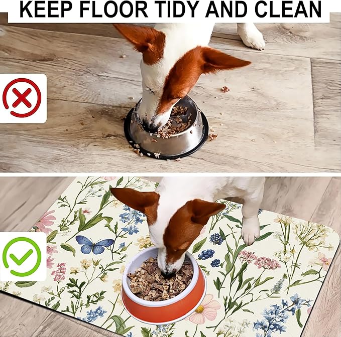 Vintage Herbs Flowers Pet Cat Dog Food Mat-Absorbent Quick Dry Feeding Placemat for Water and Food, No Stains Rubber Base Mat for Indoor Use, Pet Accessories 16"x24"