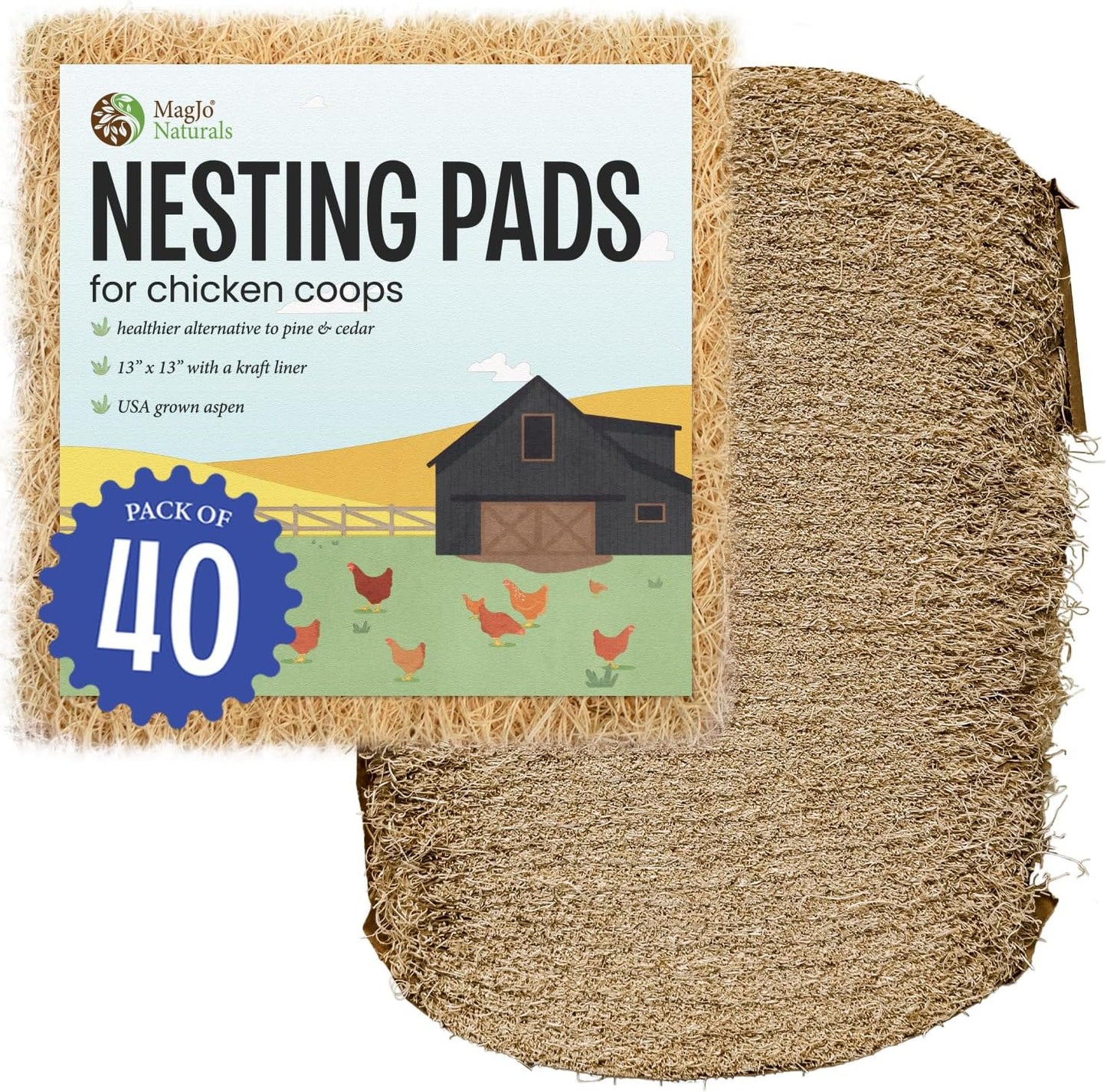 MagJo Pet Natural Aspen Shaving Nesting Liners (40 Pack) - Brown, 13" x 13" - Chicken Coop Litter - Aspen Bedding