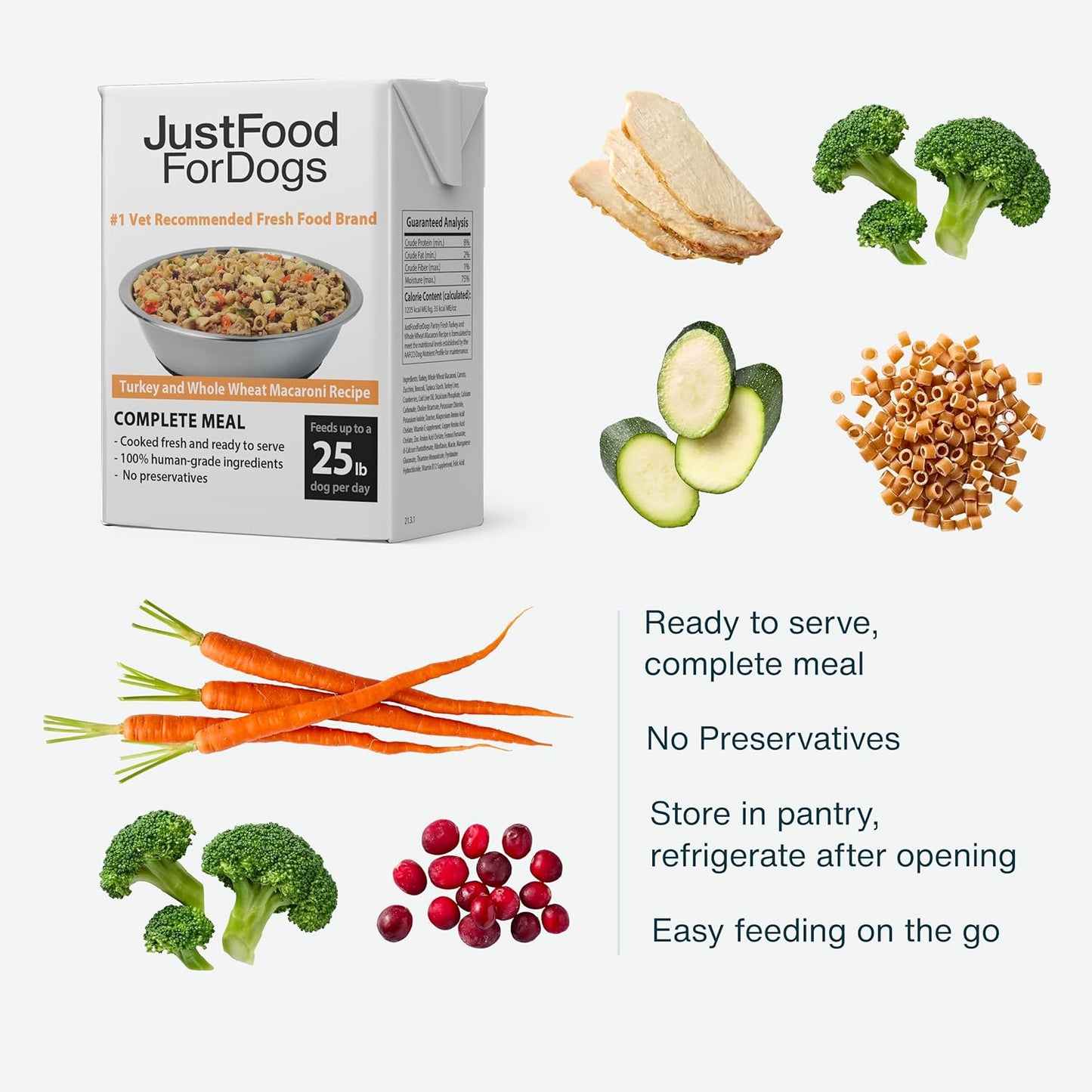 JustFoodForDogs Pantry Fresh Wet Dog Food Complete Meal or Dog Food Topper, Turkey & Whole Wheat Macaroni Human Grade Dog Food Recipe - 12.5 oz (Pack of 12)