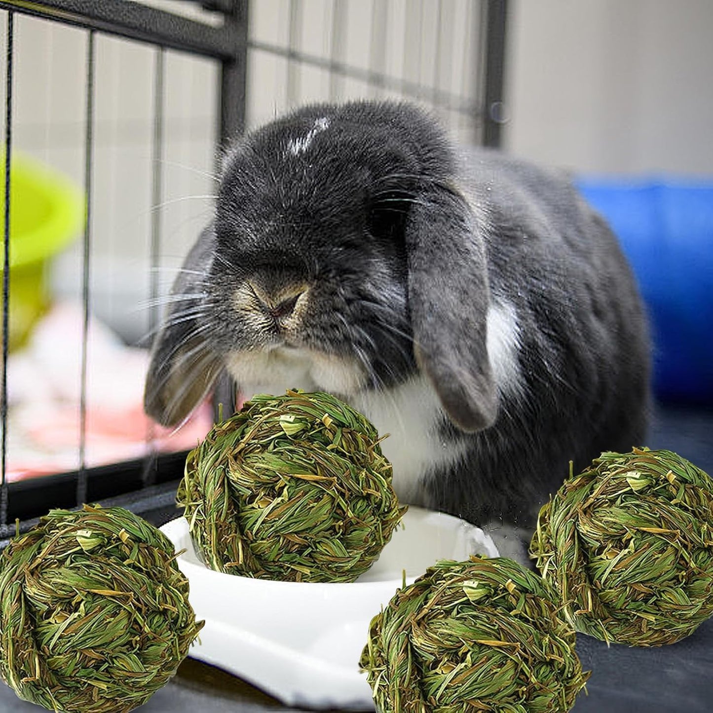 Hamiledyi 4 Pcs Rabbit Chew Ball Timothy Grass Ball Small Animal Activity Play Chew Toys Teeth Grinding for Bunny Rabbits Hamster Guinea Pigs Gerbils Chinchillas