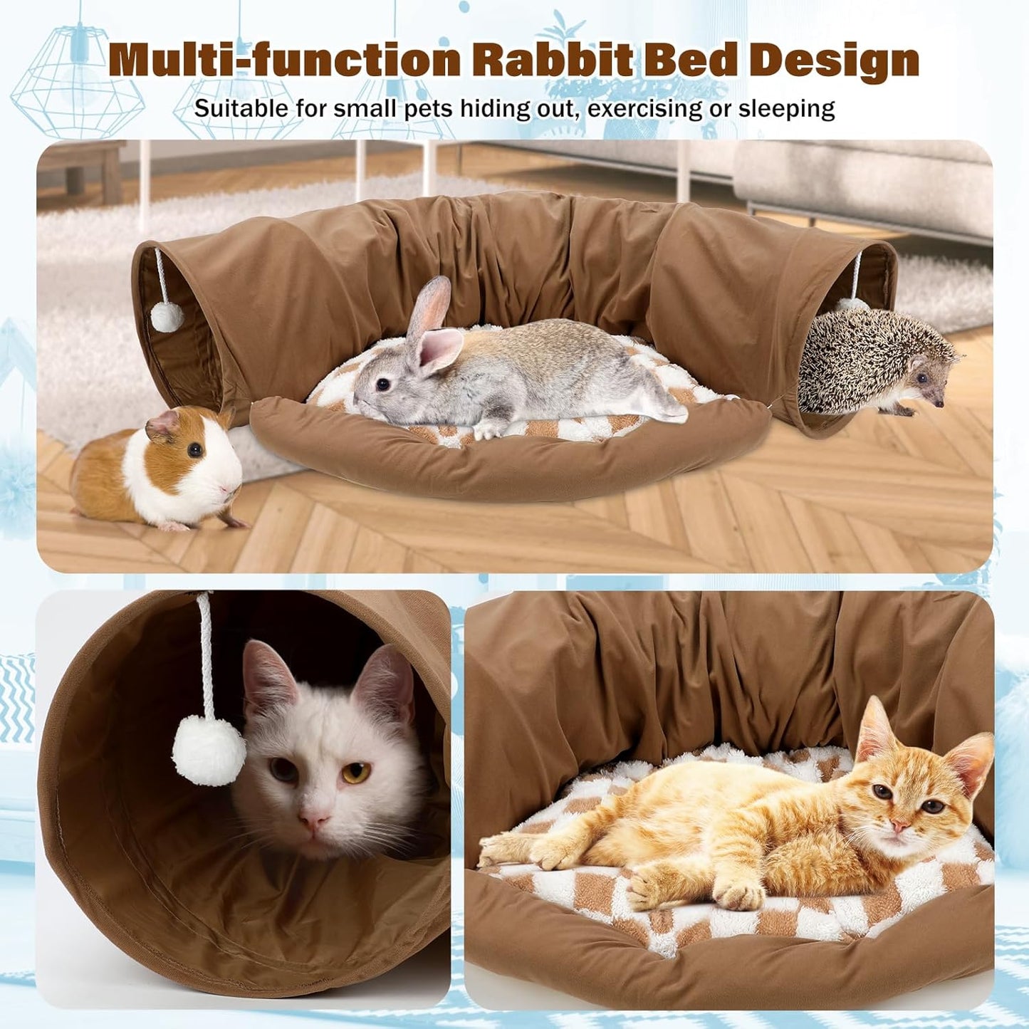 BWOGUE Bunny Tunnel Bed, 2-in-1 Collapsible Tunnel Tubes Toys with Removable Mat Hideout for Cats Kittens Rabbits Guinea Pigs Kitty (Coffee)