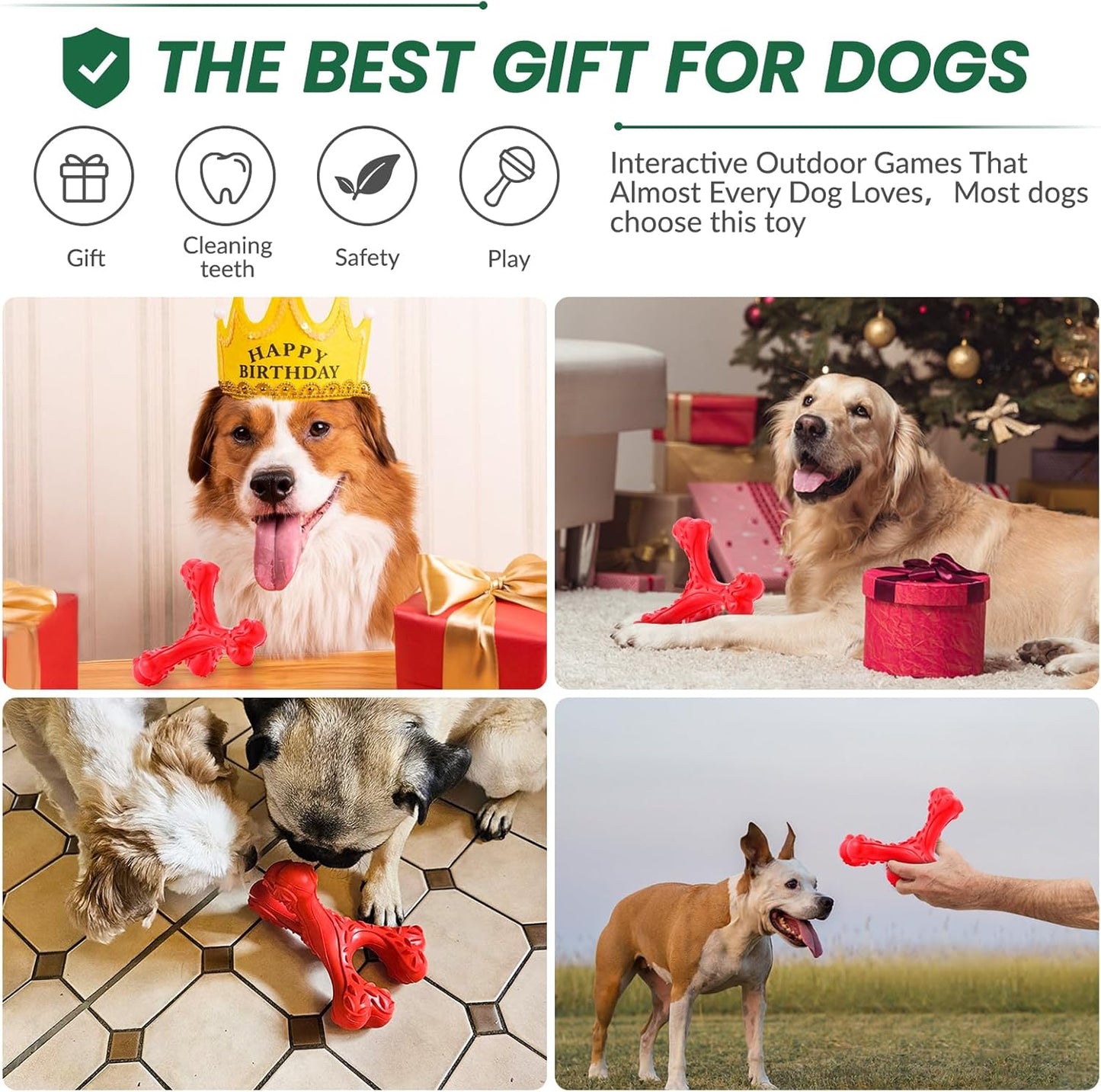 Dog Chew Toys for Aggressive Chewers Large Breed,Indestructible Bones Toy，Durable Cleaning Toothbrush Natural Rubber Dog Toys… (Red)