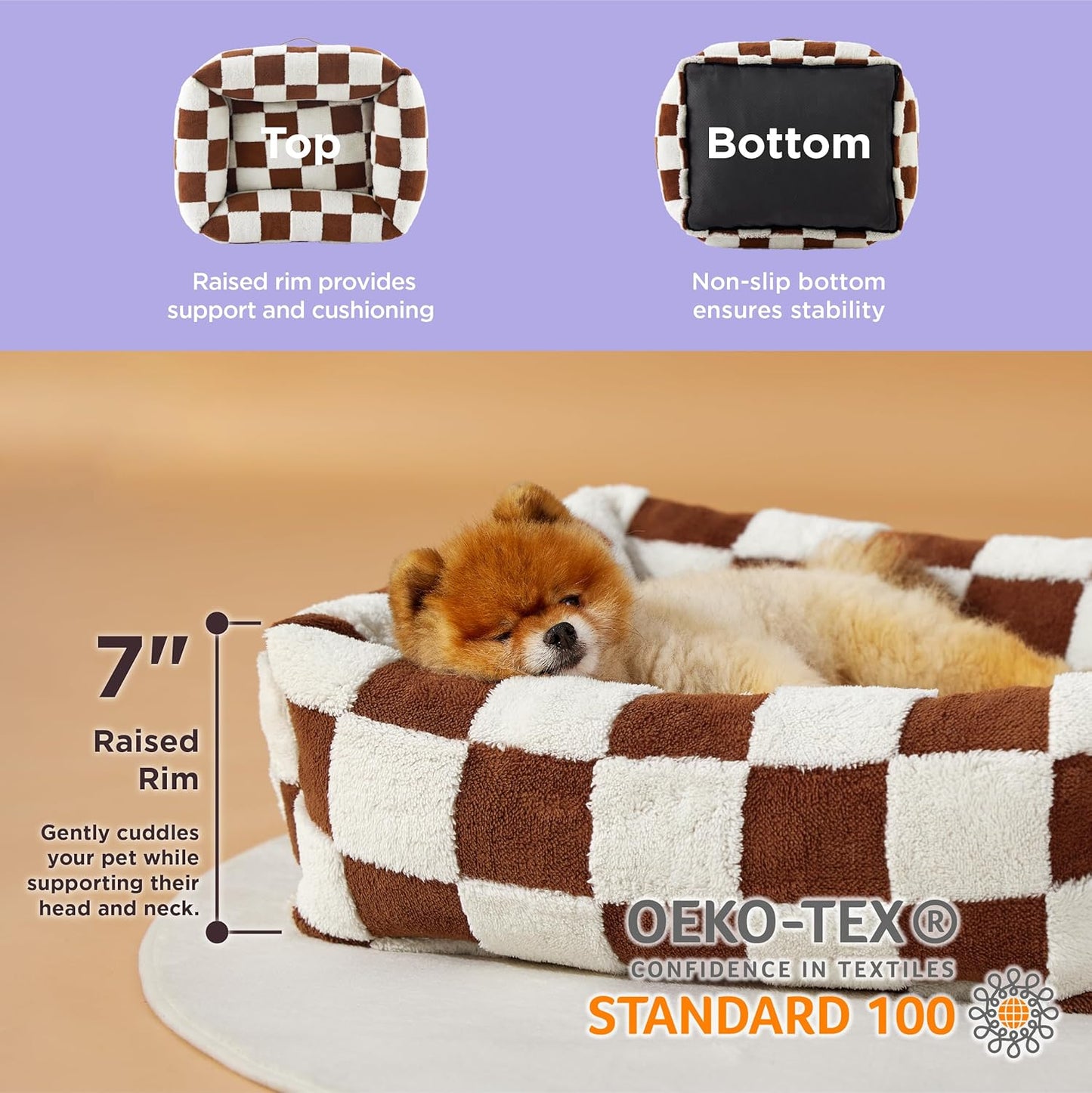 Lesure Cute Dog Bed for Small Dogs - Washable Puppy Beds,Cozy Rectangle Orthopedic Pet Sofa with Jacquard Shaggy Plush & Anti Slip Bottom,25x21x7inches