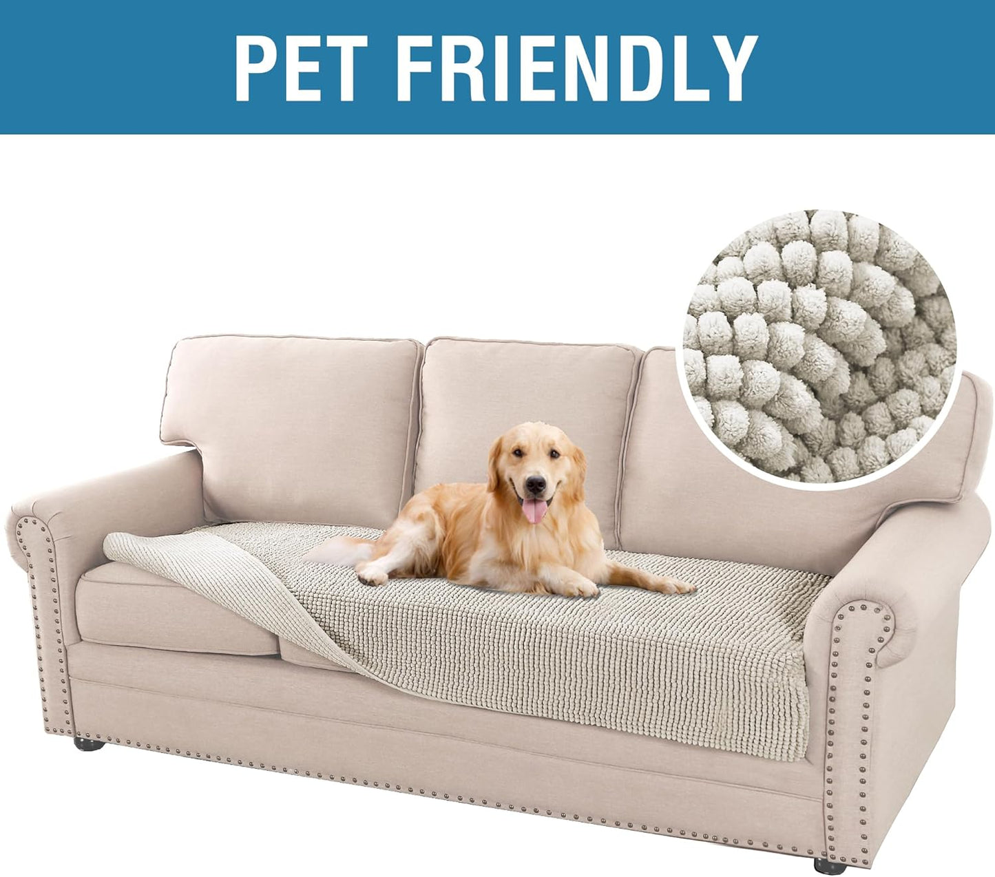 H.VERSAILTEX Plush Chenille Dog Bed Cover Thick Soft Sofa Cover for 3 Cushion Couch Anti Slip Couch Cover Furniture Protector for Dog, Pet, Cat (35" x 74", Oatmeal)