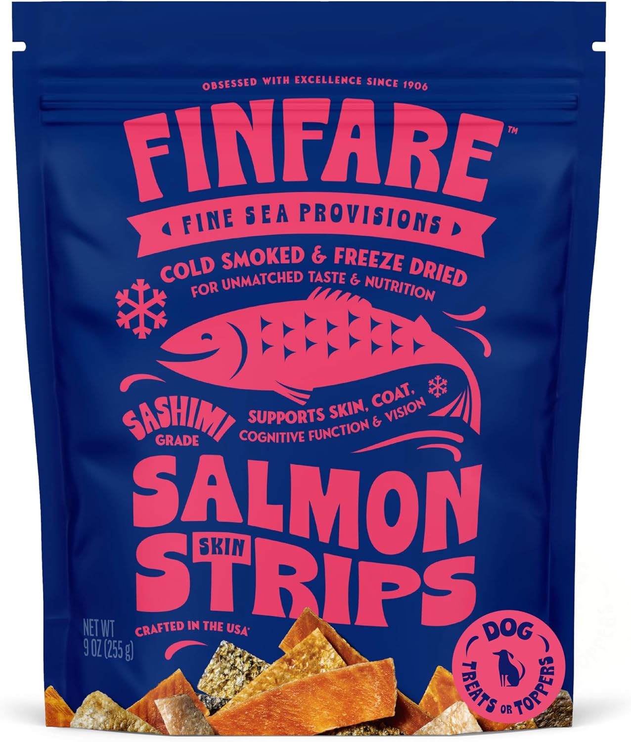 Finfare Freeze Dried Dog Treats, Salmon Skin Strips, Protein & Omega-3s, Grain Free Salmon Dog Training Treats, Crafted in USA, 9oz