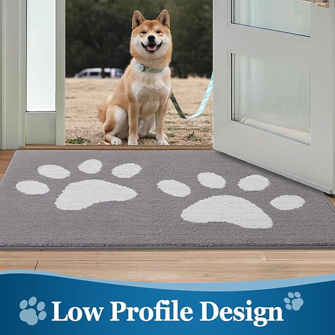 Buganda Dog Door Mat for Muddy Paws, Absorbent Dirt Trapper Washable Indoor Doormats, Non Slip Low-Profile Mud Mat for Dogs, Front Entrance Doormat for Inside Floor (47x32 Inches, Light Grey)