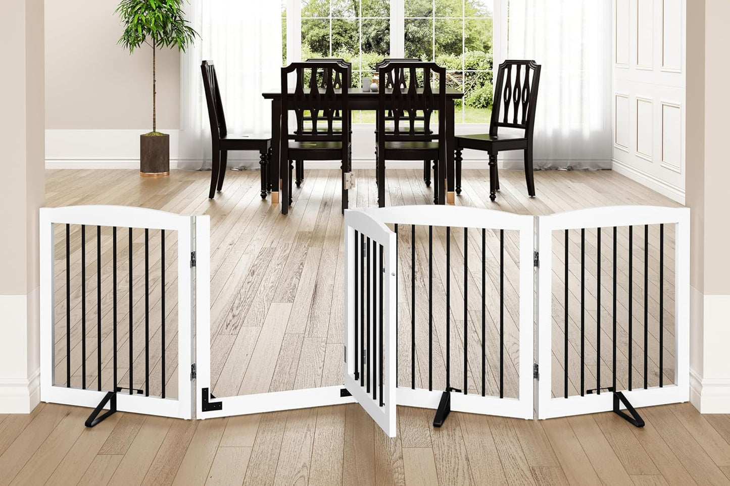 Freestanding Dog Gate with Door, Pet Gate for Stairs, 80 inch Wide Pet Barrier Indoor, Dog Fences Indoor, Support Feet Included, 4 Panels, 24" Tall, White & Black