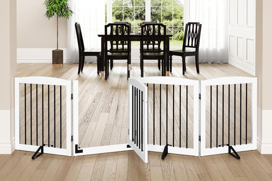 Freestanding Dog Gate with Door, Pet Gate for Stairs, 80 inch Wide Pet Barrier Indoor, Dog Fences Indoor, Support Feet Included, 4 Panels, 24" Tall, White & Black