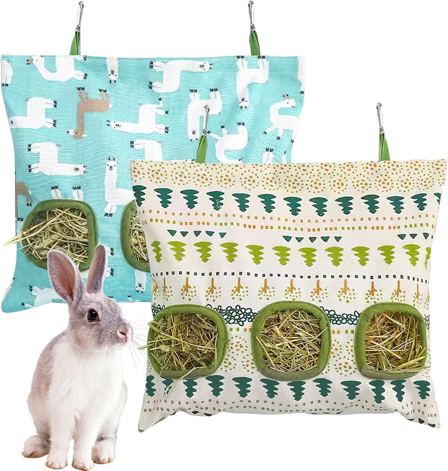 Lesnala 2pcs Bunny hay Feeder Hanging Guinea Pig Food Bag Large Capacity Cotton Canvas Fabric for Rabbits Chinchillas Hamsters and Other Small Pets 3 Holes 2 Styles