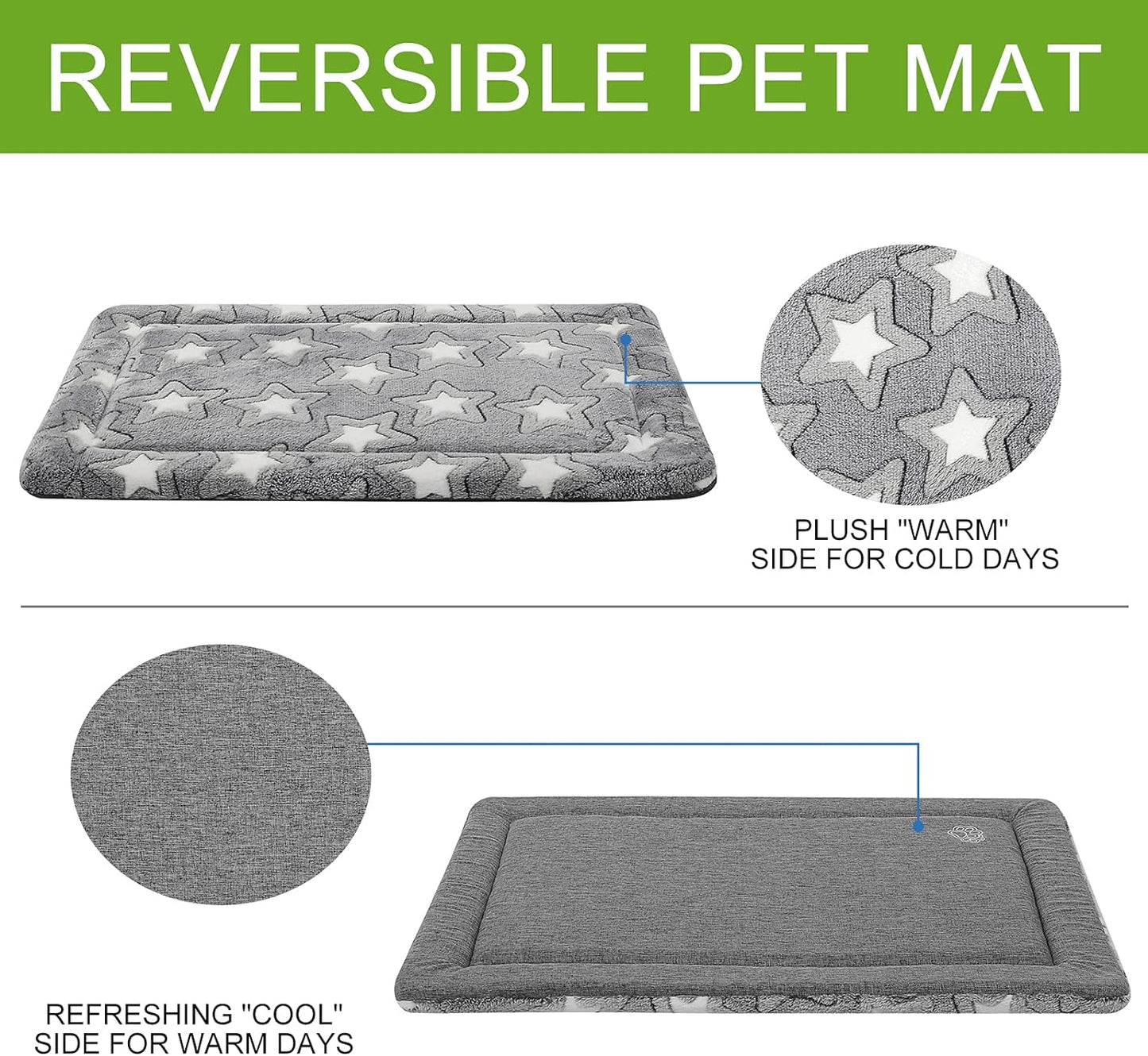 EMPSIGN Dog Crate Pad - Reversible Kennel Mat (Cool & Warm), Machine Washable, Cozy Star Pattern Sleeping Pad for Small Medium Large Dogs, All-Season Pet Bed, Suitable for 24"x18" Dog Crate, Grey
