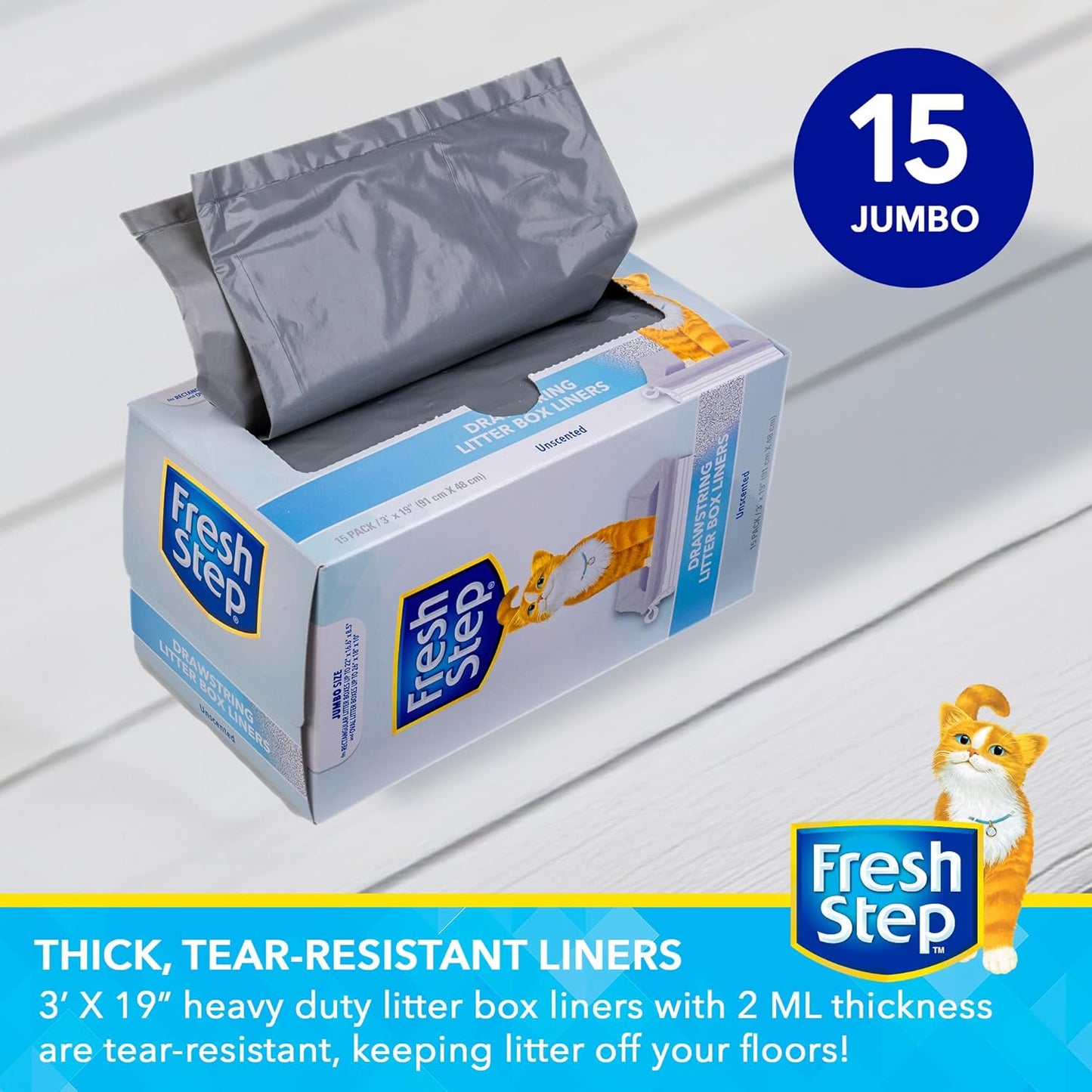 Fresh Step Drawstring Cat Litter Box Liners, Unscented - Kitty Litter Bags for Rectangle or Oval Large Litterboxes, Size Jumbo, 36" x 19" - 15 Count