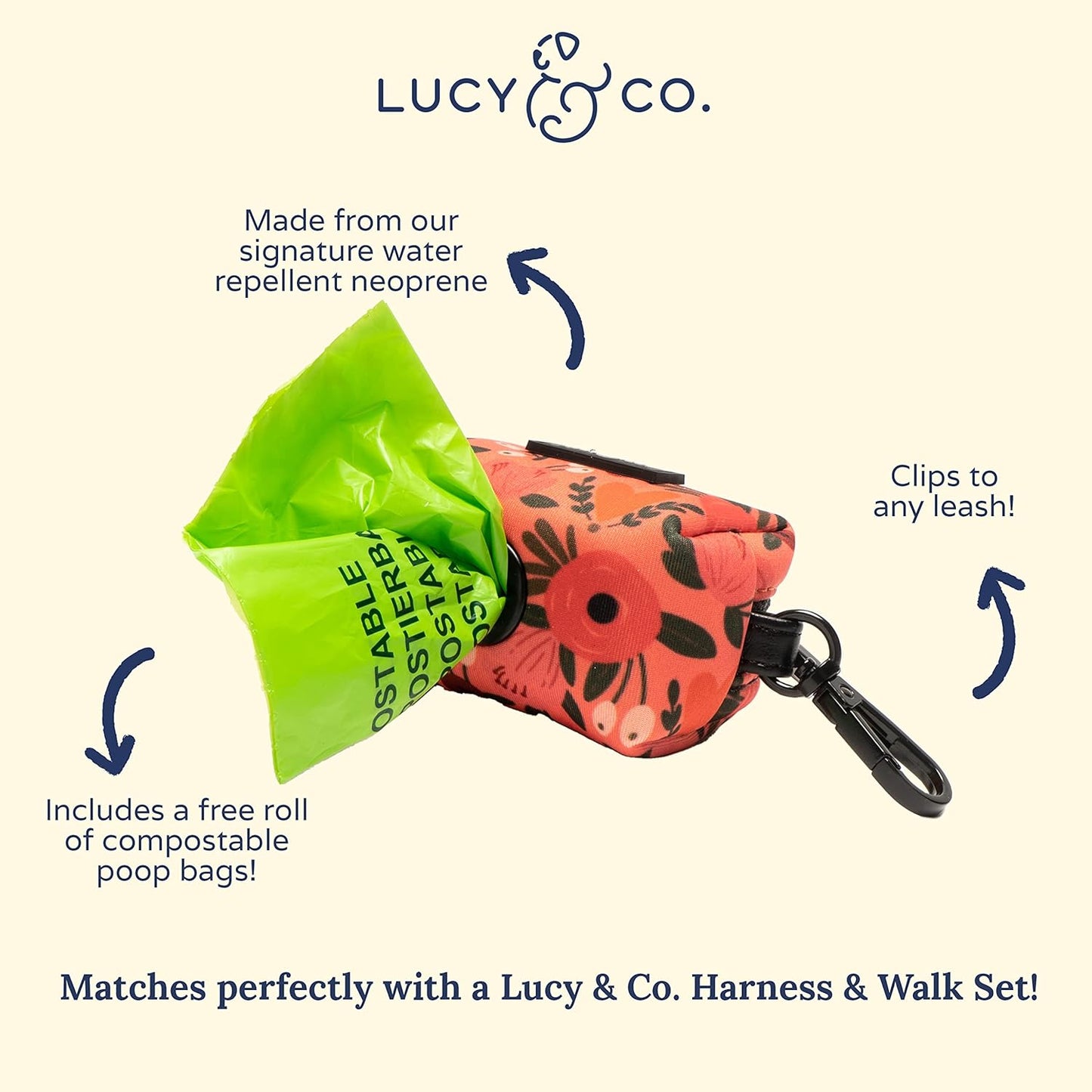 Lucy & Co. Posy Pink Dog Poop Bag Holder - Leak Proof Dispenser - Hygienic Pet Poop Pickup - Coral Pink Floral