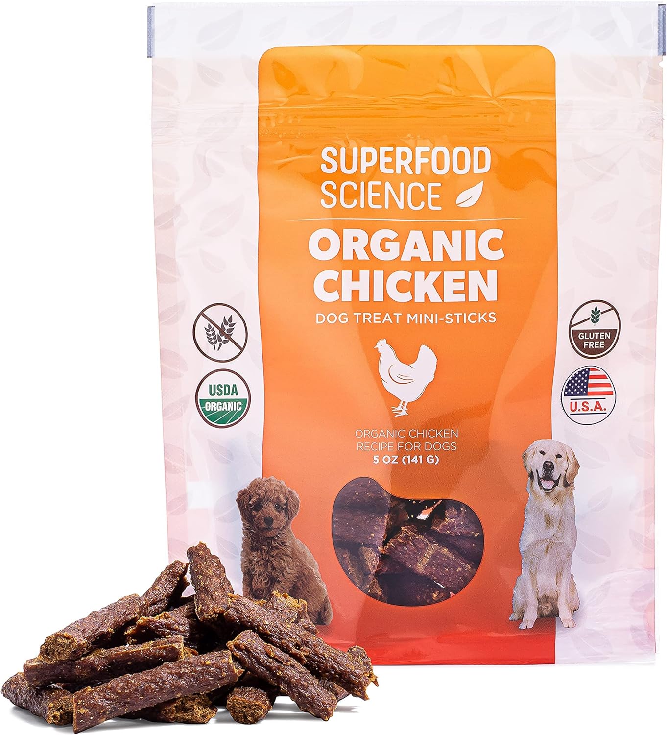 Organic Dog Treats, w/ Chicken, Sweet Potato, Turmeric, & Flaxseed, Low-Calorie, Grain-Free, Semi-Soft, Natural Dog Jerky, Healthy Dog Treats for Training Puppies, Small, Medium & Large Breeds, 5 oz