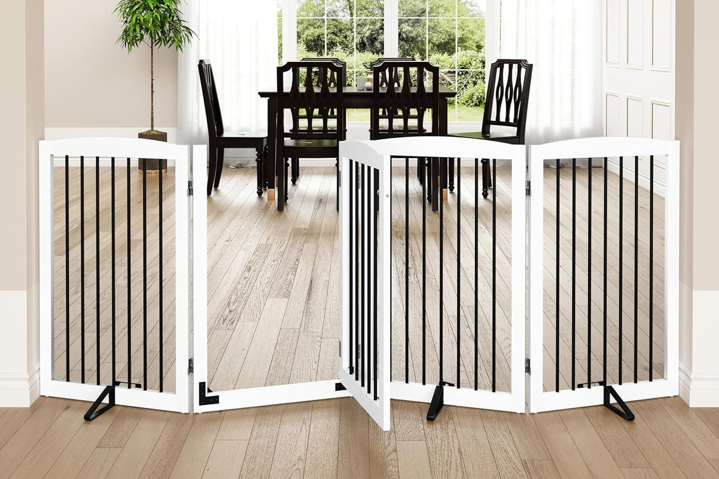 Freestanding Dog Gates with Door Walk Through, 80 inch Wide Gates Indoor, Dog Fences Indoor, Support Feet Included, 4 Panels, 32" Tall, White & Black