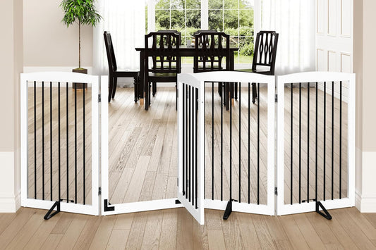 Freestanding Dog Gates with Door Walk Through, 80 inch Wide Gates Indoor, Dog Fences Indoor, Support Feet Included, 4 Panels, 32" Tall, White & Black