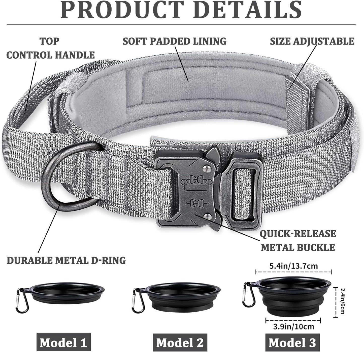 COOYOO Dog Collar,3 Piece Set Tactical Dog Collars, Adjustable Military Training Nylon Dog Collar with Control Handle and Heavy Metal Buckle for Medium and Large Dogs