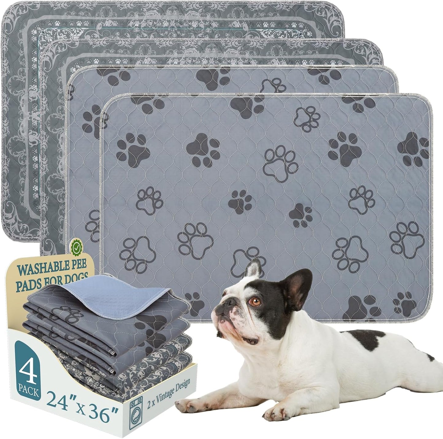 Homimp Washable Pee Pads for Dogs,4 Pack Reusable Puppy Pads,Absorbent and Leakproof Dog Pee Pads,Non Slip Puppy Training Pads,Pet Mat for Floor,Crate,Couch,Whelping,Grey 24"x36"