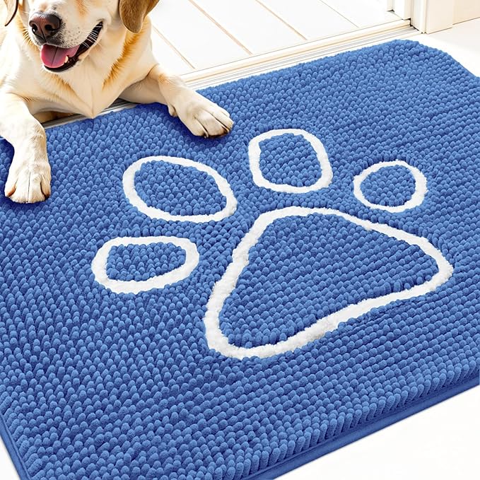 OLANLY Door Mat for Muddy Dog Paws 30x20, Absorbent Chenille Mud Doormat with Paw Print Design, Non-Slip Washable Doormat for Indoor Entryway, Quick-Dry Pet Bed Mats for Dirty Dogs, Cornflower Blue