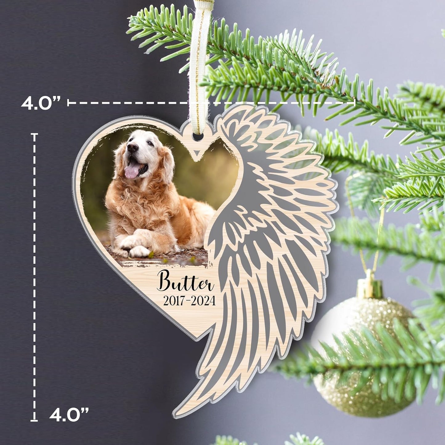 Heart and Wing Memorial Dog Ornament, Valentine's Memorial Keepsake Ornament for Loss of Pet, Customizable with Photo, Name & Years, Valentine's Gift for Pet Lover (Dog Wings Memorial)